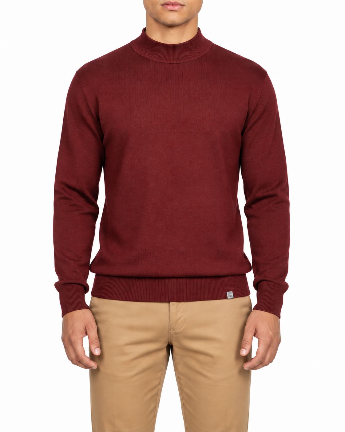 Burgundy men's regular-fit mock-knit long-sleeve sweater, front view