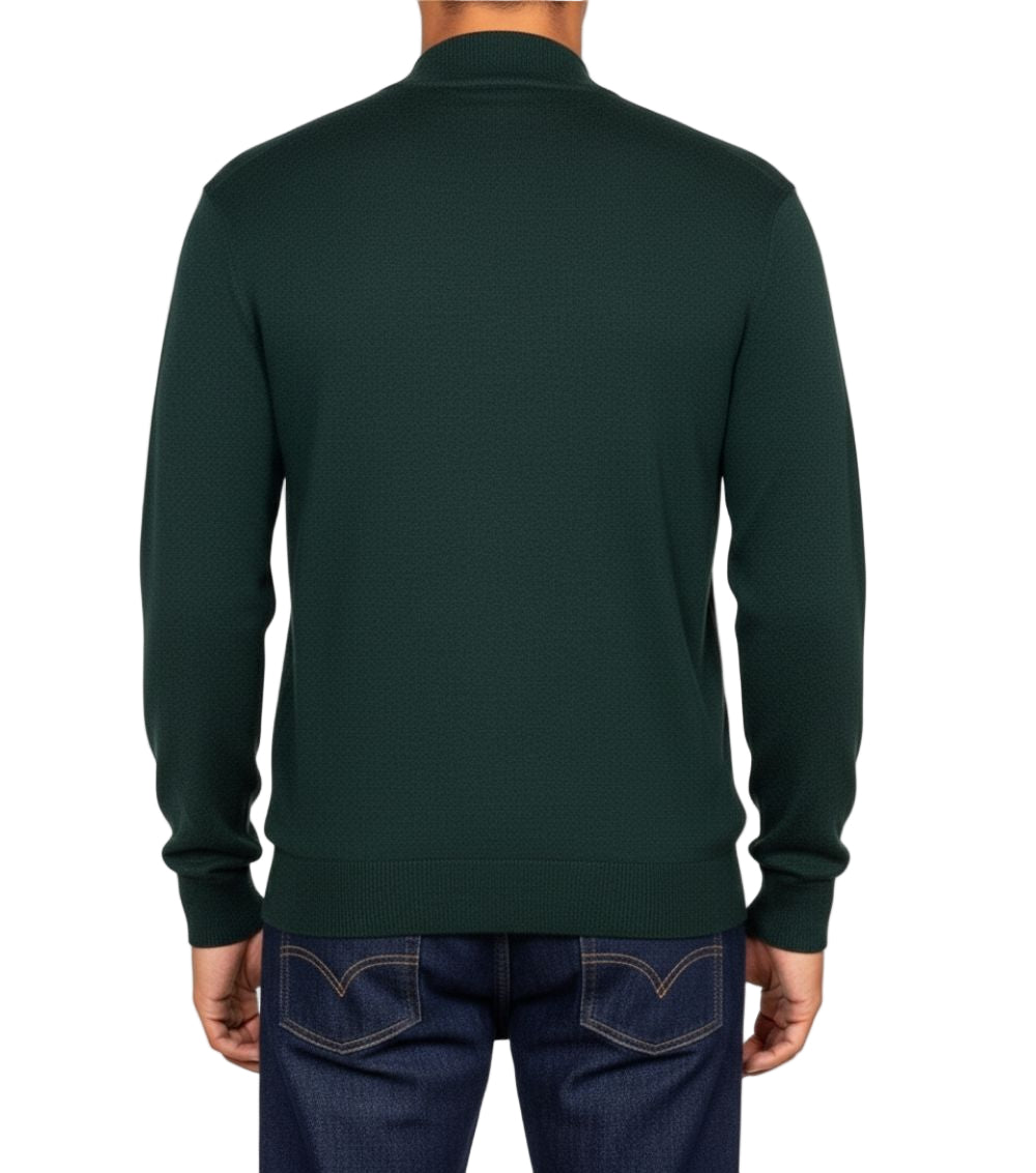Close-up of the solid green sleeve on the Stacy Adams Men’s Mock Knit Green Sweater.