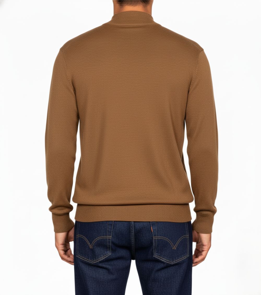 Solid mocha Stacy Adams Men's Mock Knit Sweater, showing sleeve and pocket details.