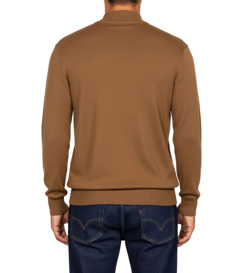 Solid mocha Stacy Adams Men's Mock Knit Sweater, showing sleeve and pocket details.