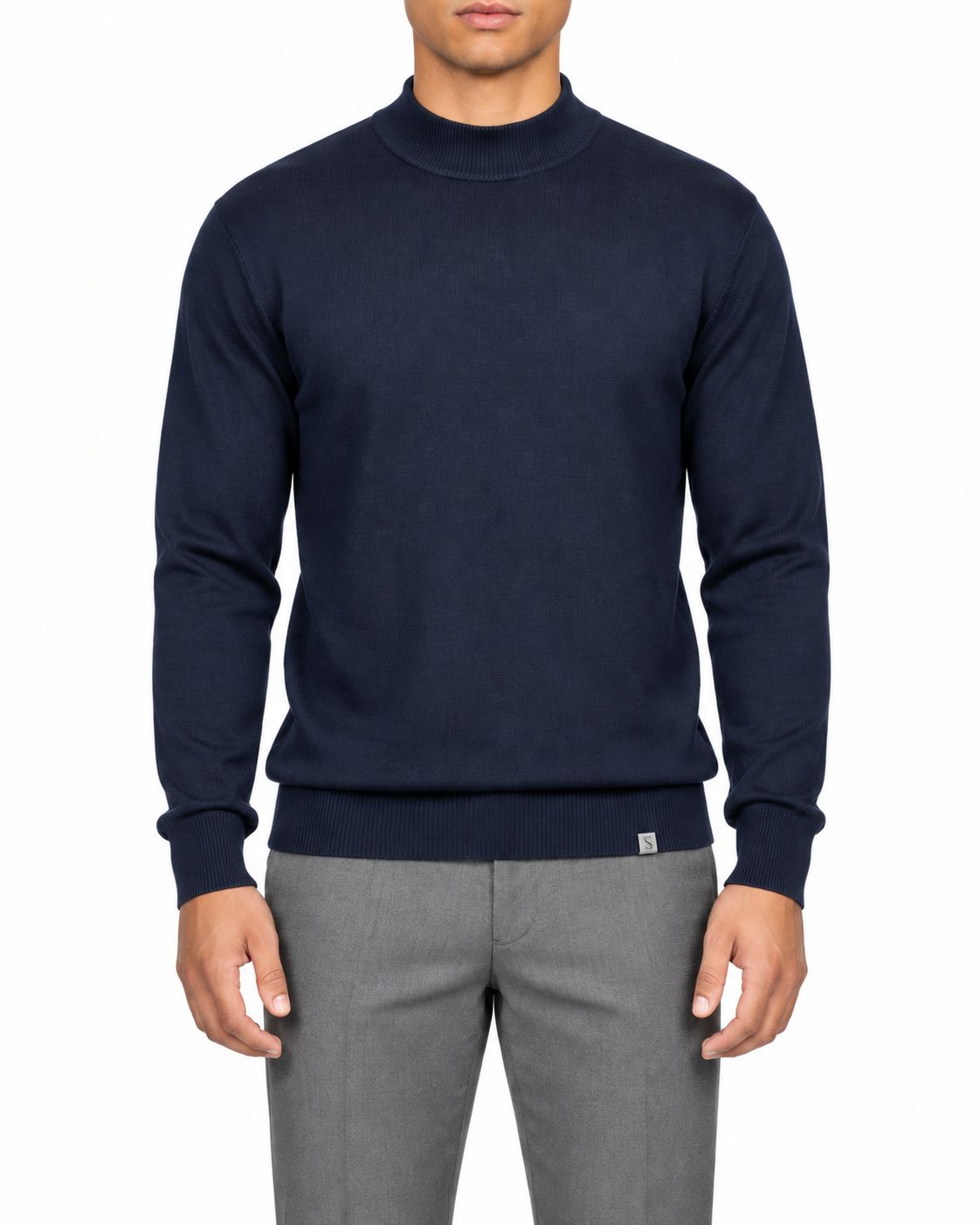 Navy men's regular-fit mock-knit long-sleeve sweater, front view