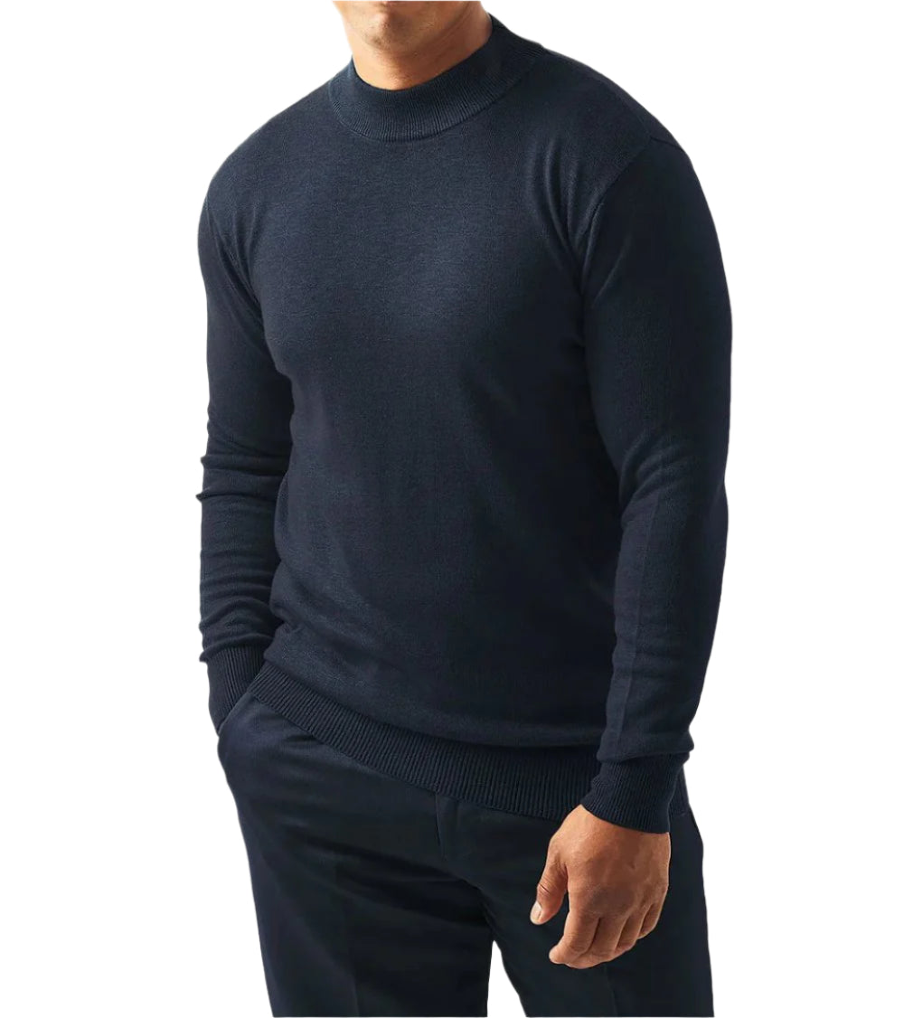 Close-up of the solid navy sleeve on the Stacy Adams Men’s Mock Knit Navy Sweater, showing pocket and shoulder.