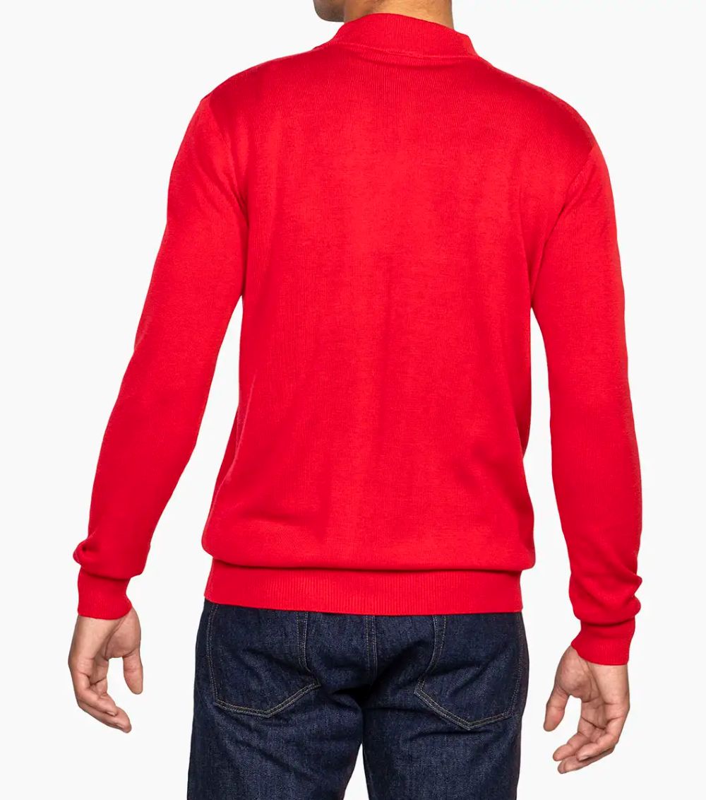 Close-up of the solid red sleeve of the Stacy Adams Men's Mock Knit Sweater, with collar and pocket visible.
