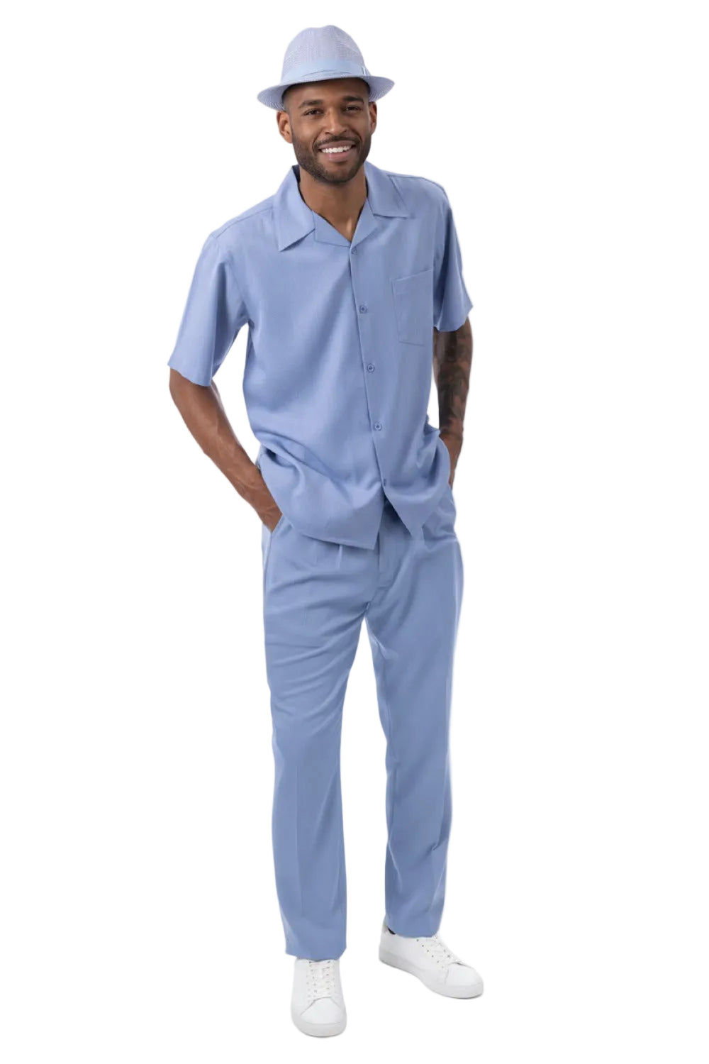 Man wearing a Carolina blue outfit with a hat on a white background