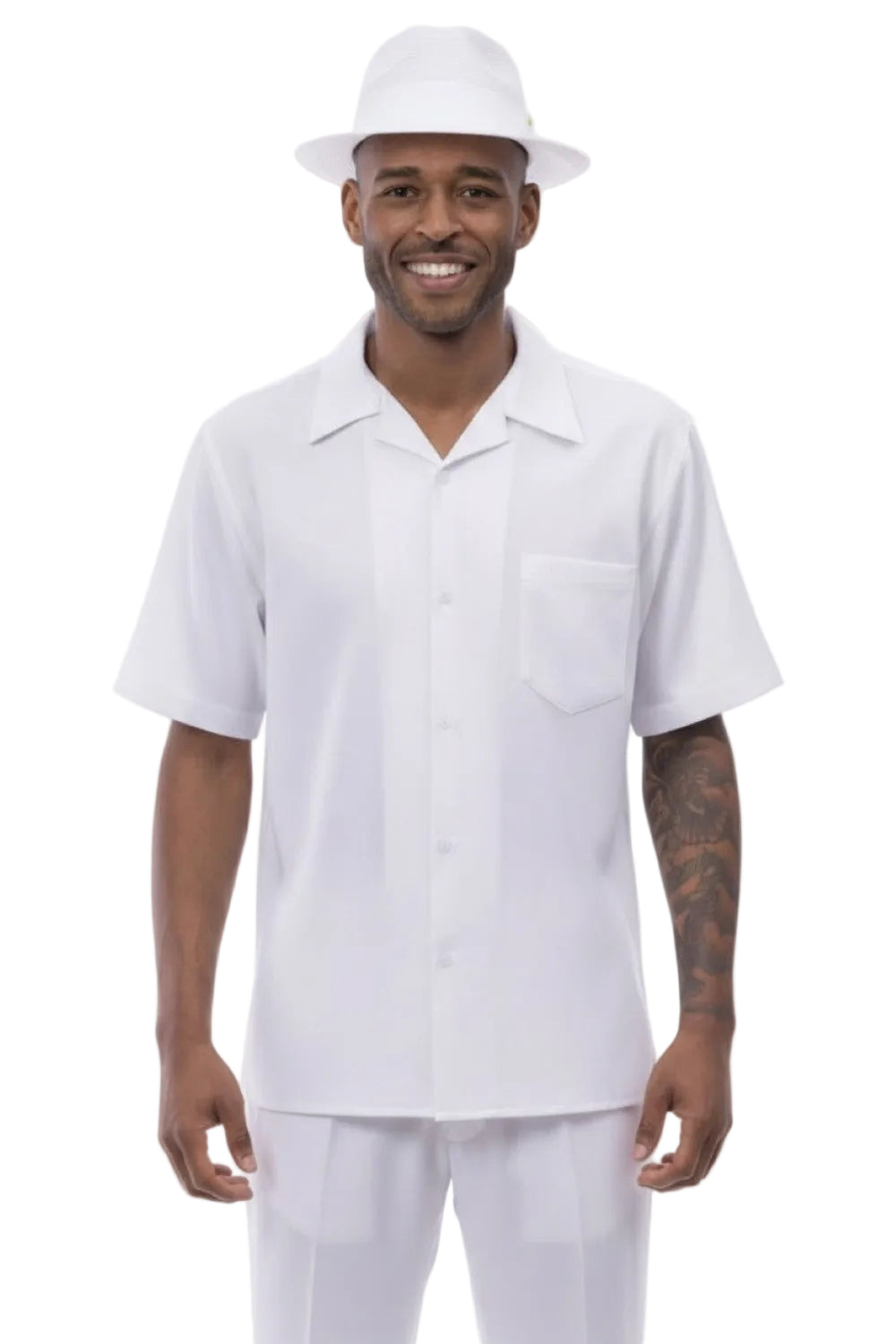 Man wearing a white shirt and pants with a white hat on a white background