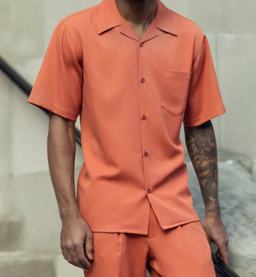 Papaya 2 Piece Short Sleeve Walking Suit Set with Elastic Waistband Shorts