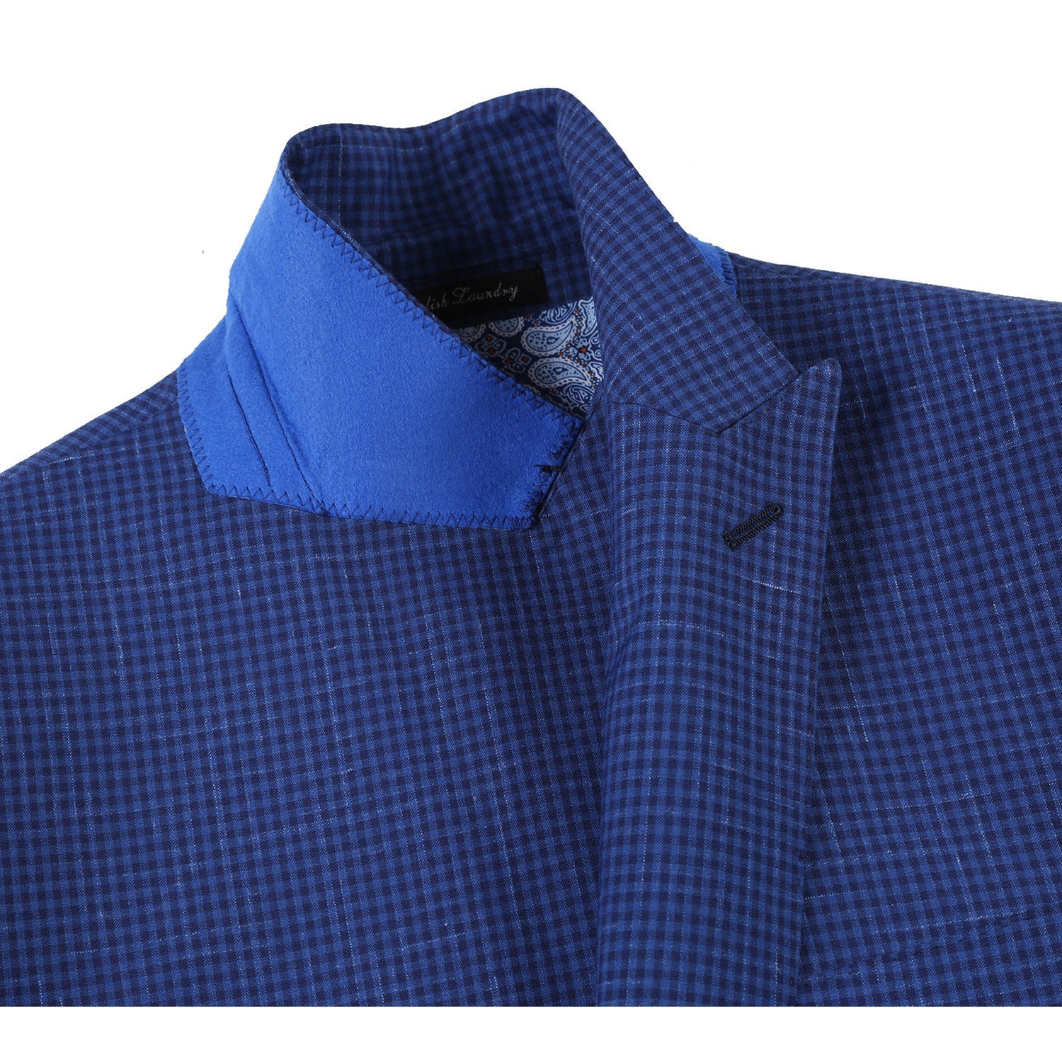 English Laundry 2-Piece Blue Mini-Check Wool Blend Slim Fit Dress Suit jacket, showing collar, buttons, and pocket detail.
