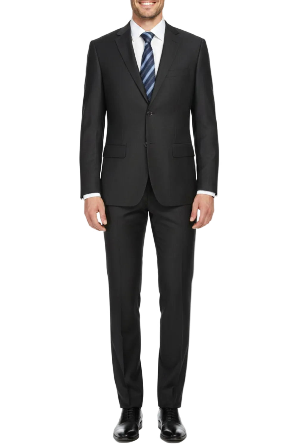 Black suit with a white shirt and striped tie on a white background