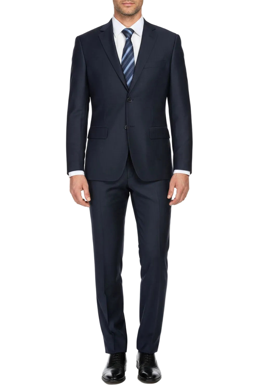 Navy blue suit with a striped tie on a white background