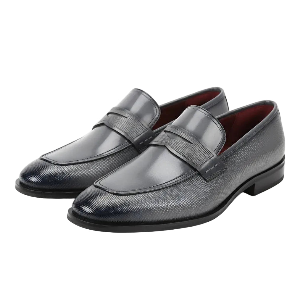 Gray leather shoes with buckles on a white background
