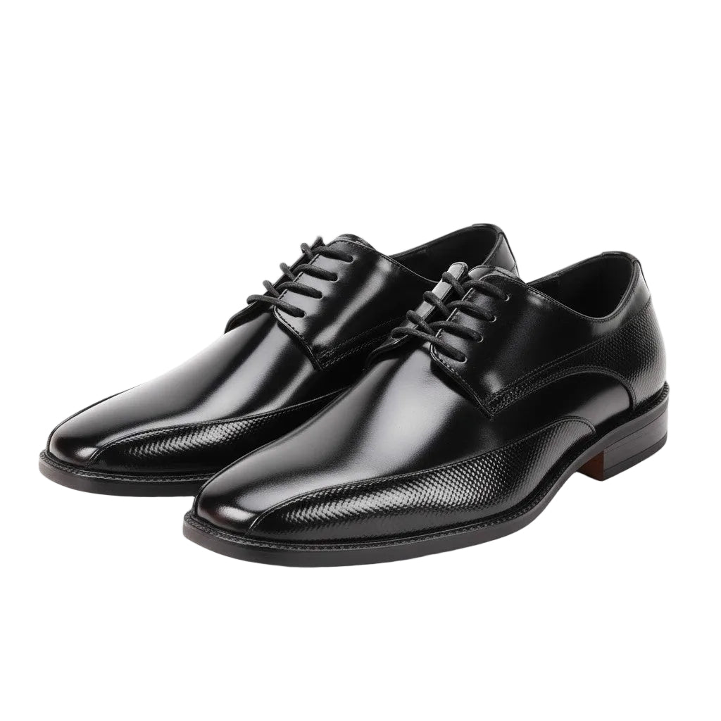 Pair of black dress shoes on a white background