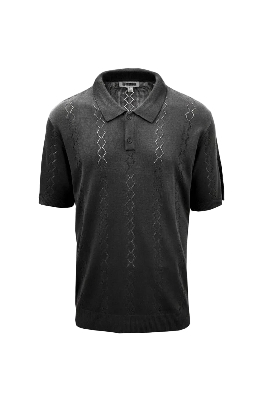 Charcoal polo shirt with intricate pattern on a white background