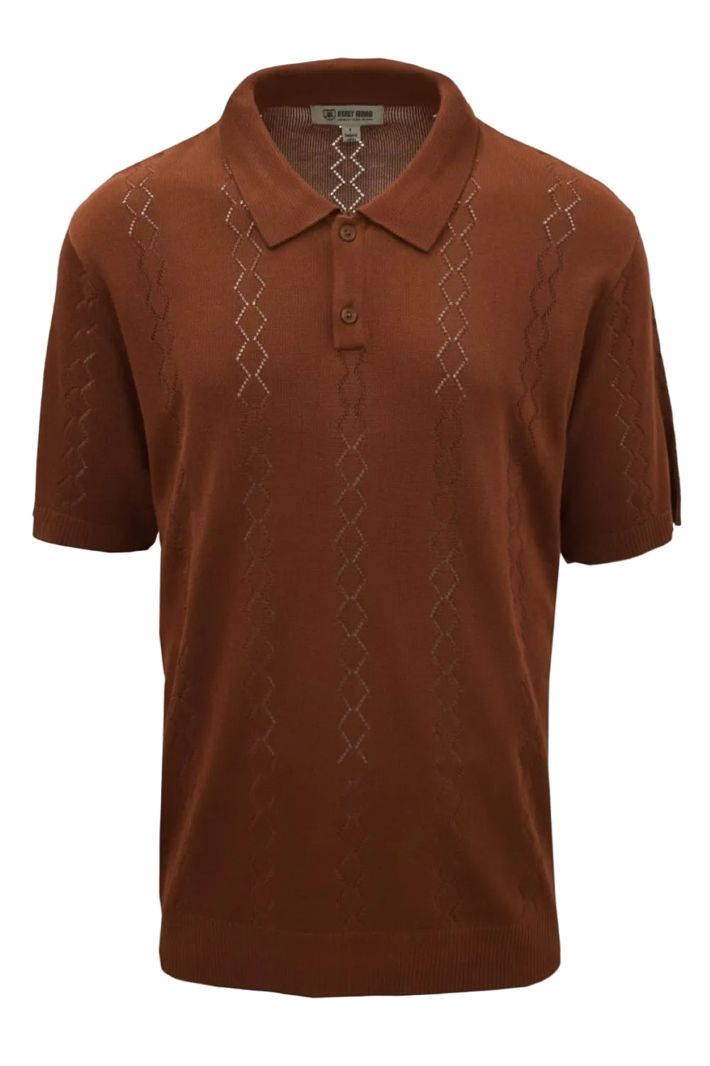Chestnut polo shirt with an intricate pattern on a white background