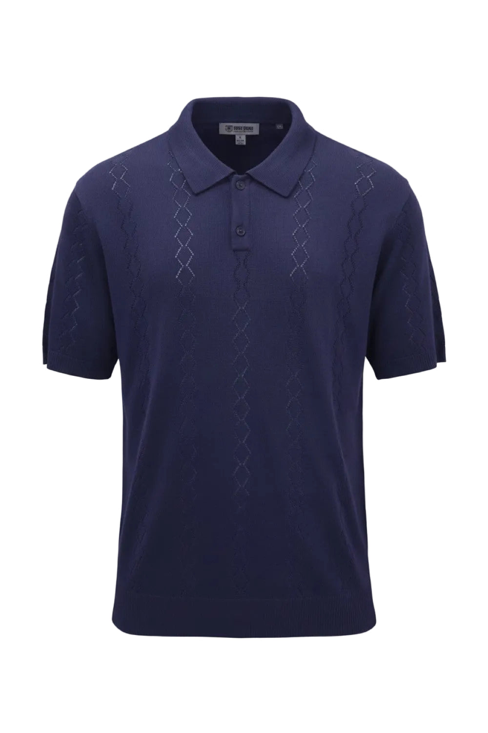 Navy blue polo shirt with subtle pattern on a white background