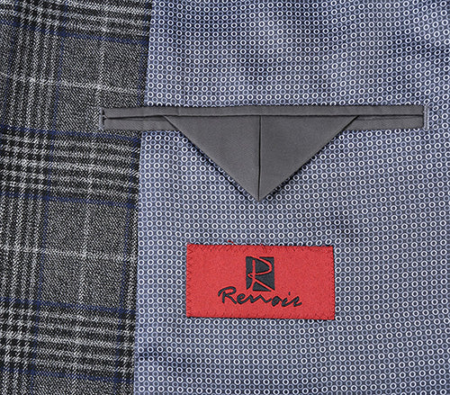 Renoir Classic Regular Fit Gray Windowpane Pattern blazer, with tie, collar, buttons, and pocket visible.