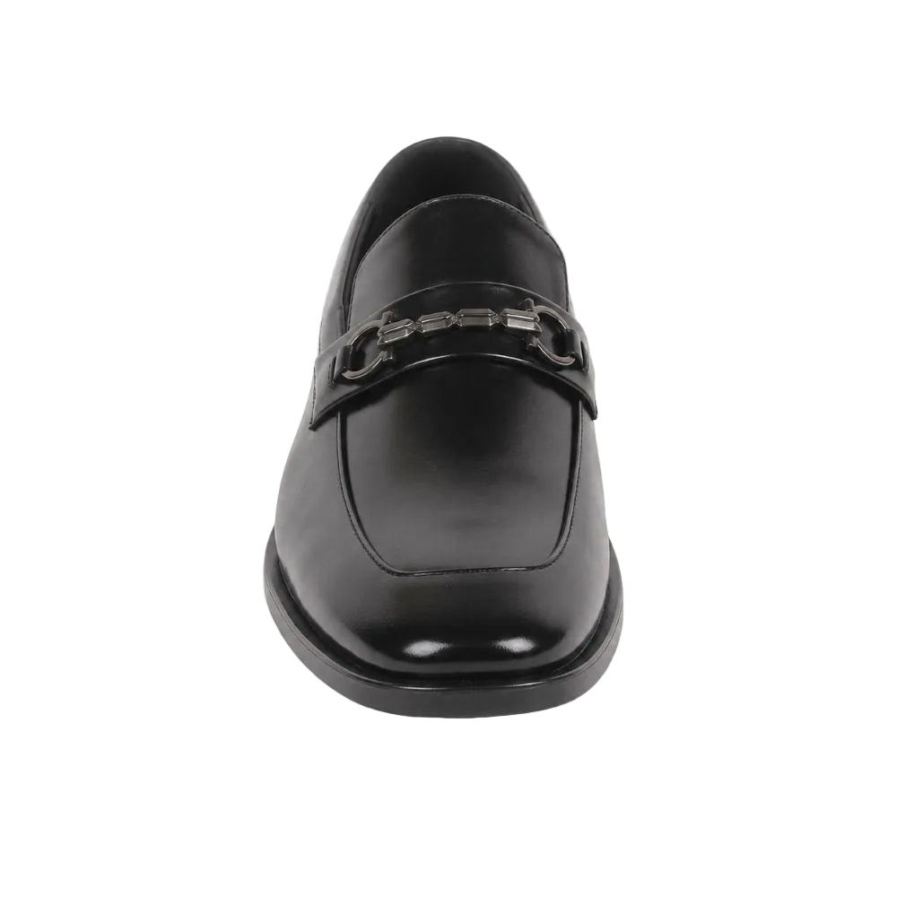 A black leather loafer with a silver-tone horsebit chain detail across the vamp, shown from a front-facing perspective on a white background.