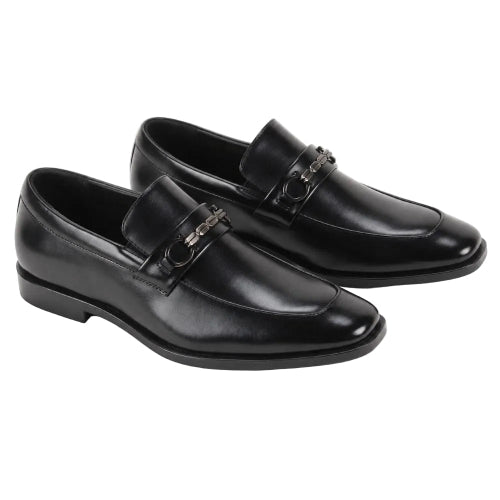 A pair of black leather penny loafers with silver-tone metal hardware on the vamp, displayed on a clean white background.