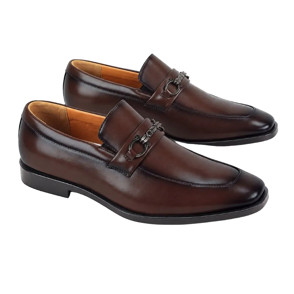 A pair of dark brown leather penny loafers with silver-tone horsebit hardware, displayed on a clean white background.