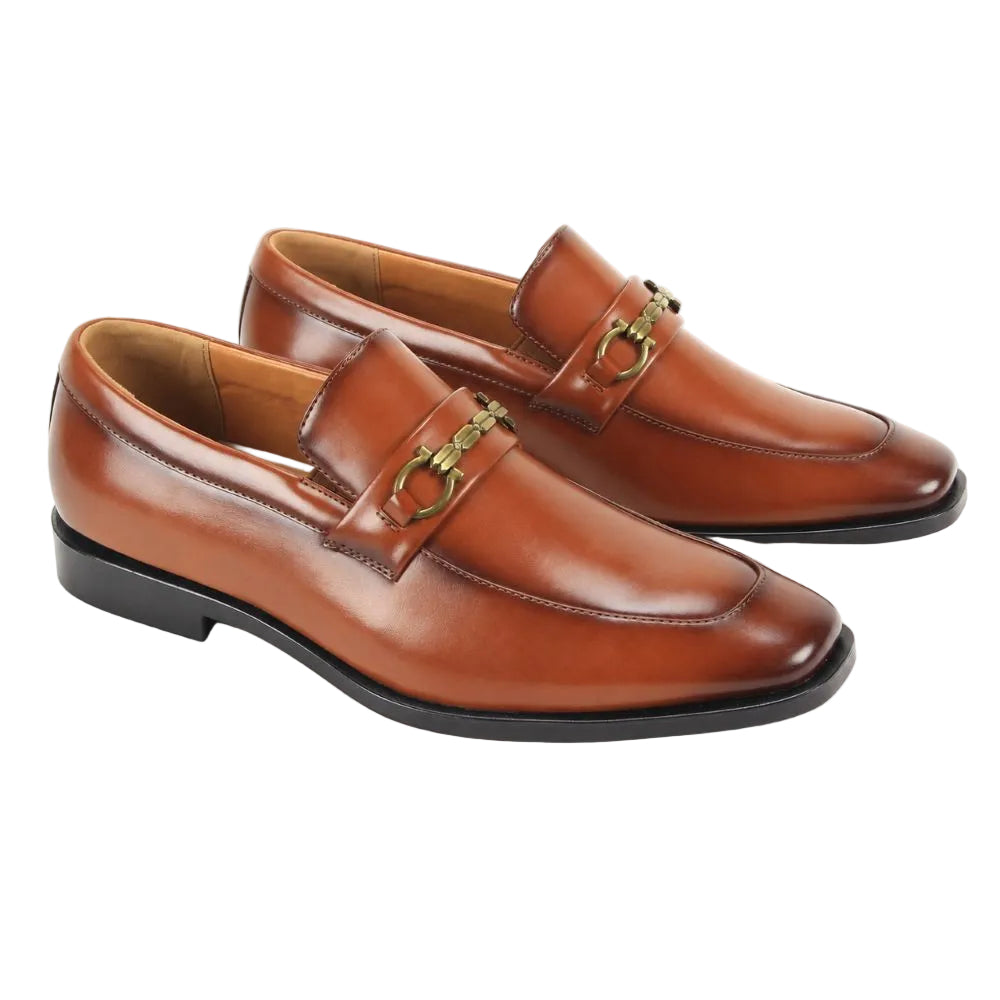 A pair of men's brown leather penny loafers with gold-tone horsebit hardware, displayed on a clean white background.