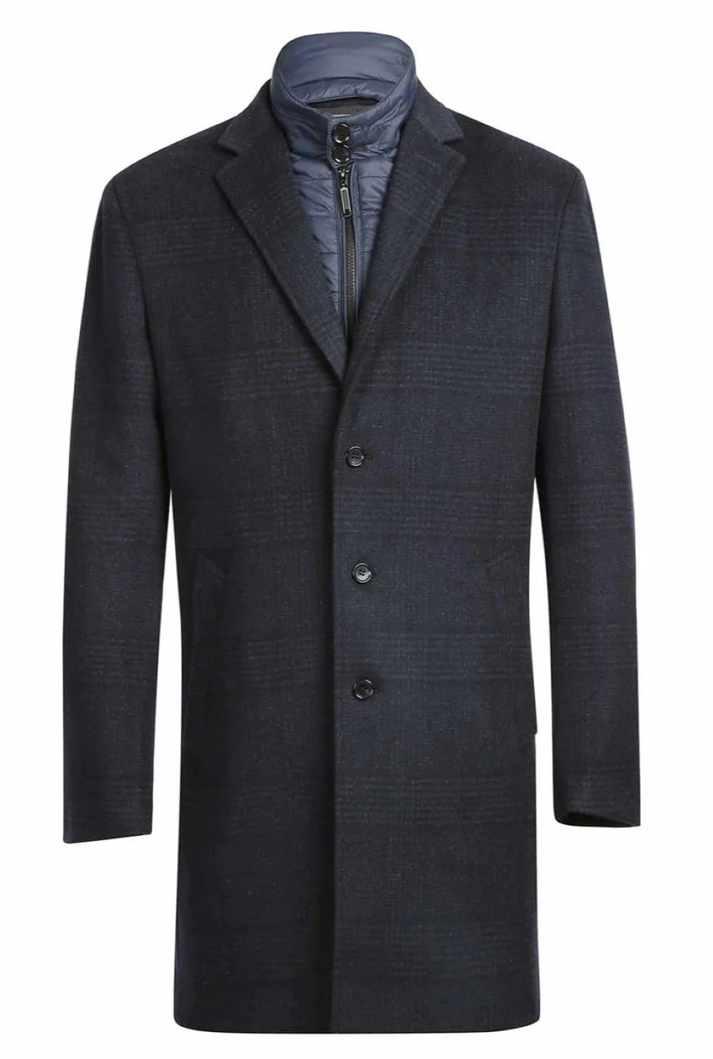 Dark blue overcoat with a textured pattern on a white background