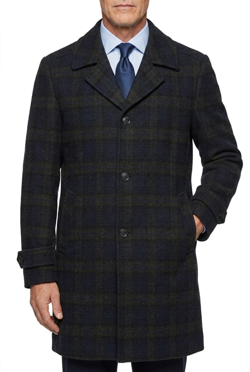 Navy Slim Fit Wool Blended Long Overcoat