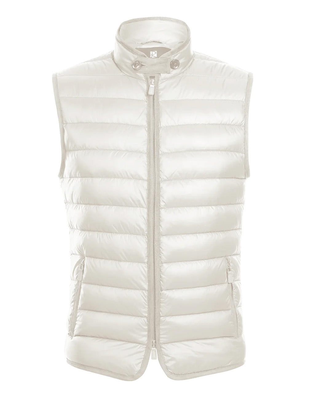 Close-up of the solid ivory collar on the Renoir Regular Classic Fit Goose Down Vest.