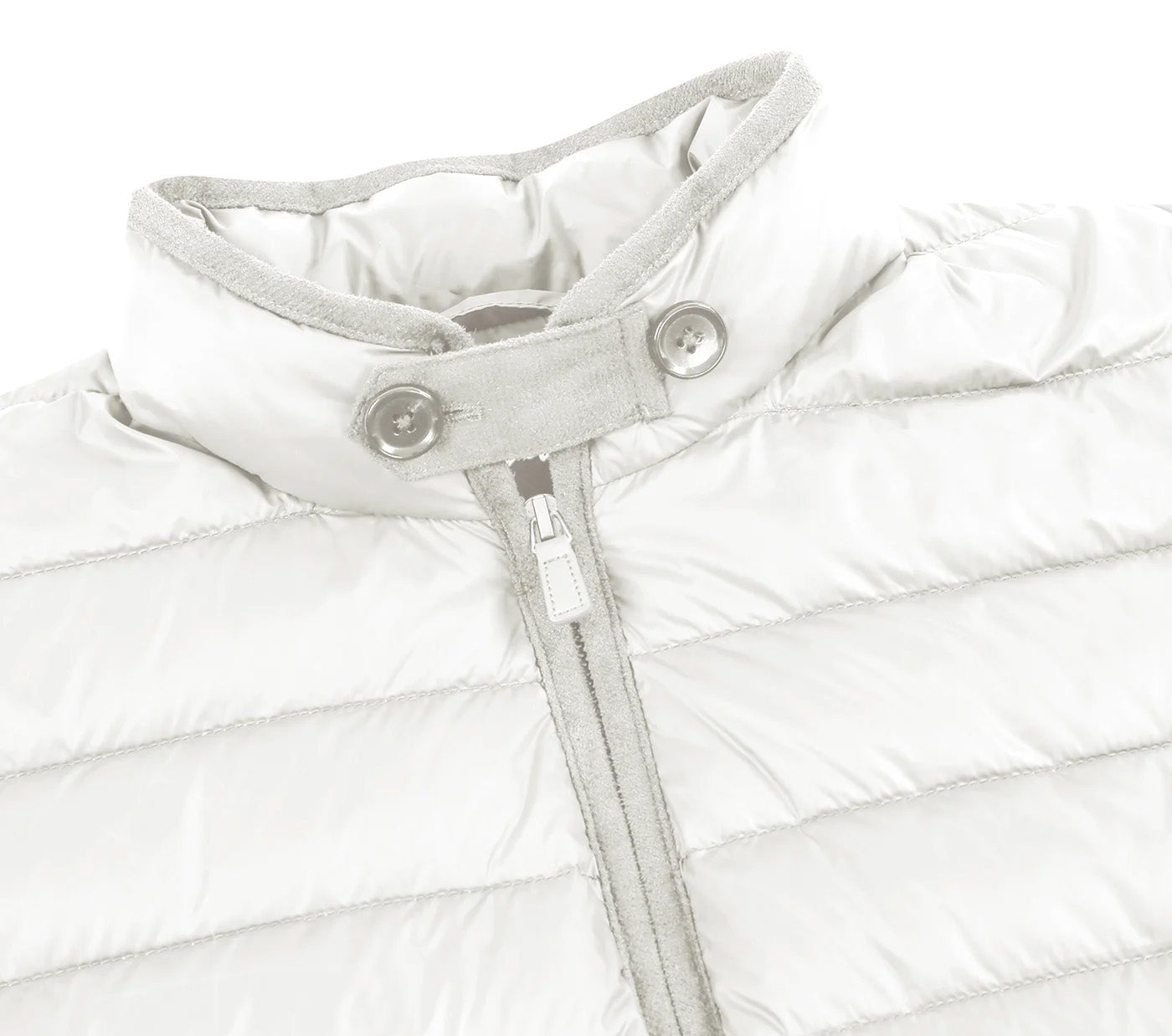 Detailed close-up of the solid Ivory Regular Classic Fit Goose Down Vest collar.