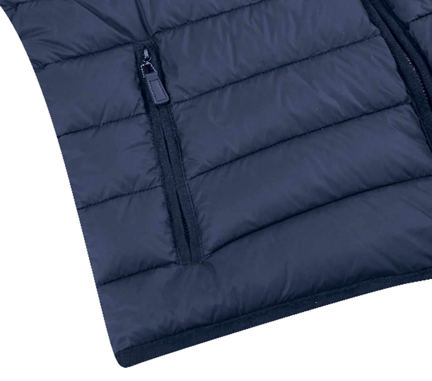 Detail of Renoir navy blue classic fit goose down vest, highlighting its premium texture and refined style.