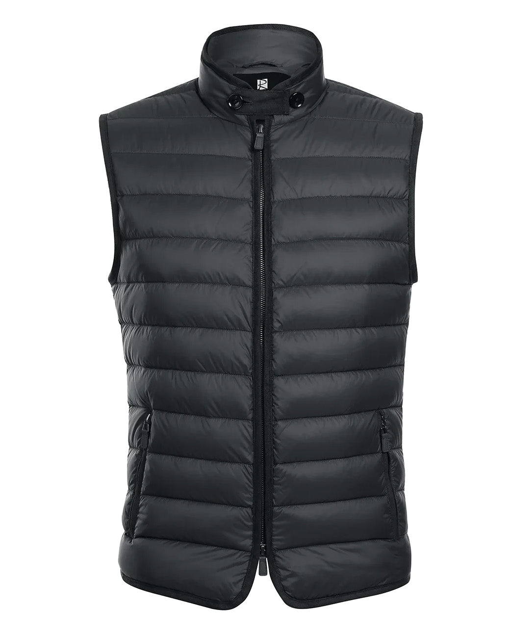 Close-up of the solid black collar on the Renoir Black Regular Classic Fit Goose Down Vest, white background.