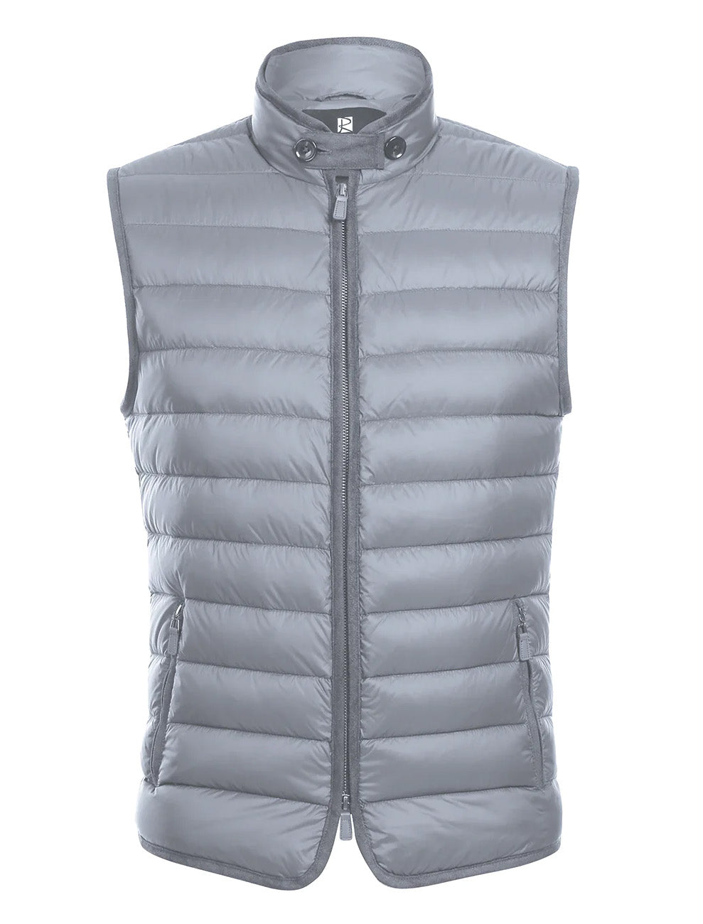 A detailed close-up view of the zipper, collar, and pocket on the solid gray Renoir Regular Classic Fit Goose Down Vest.