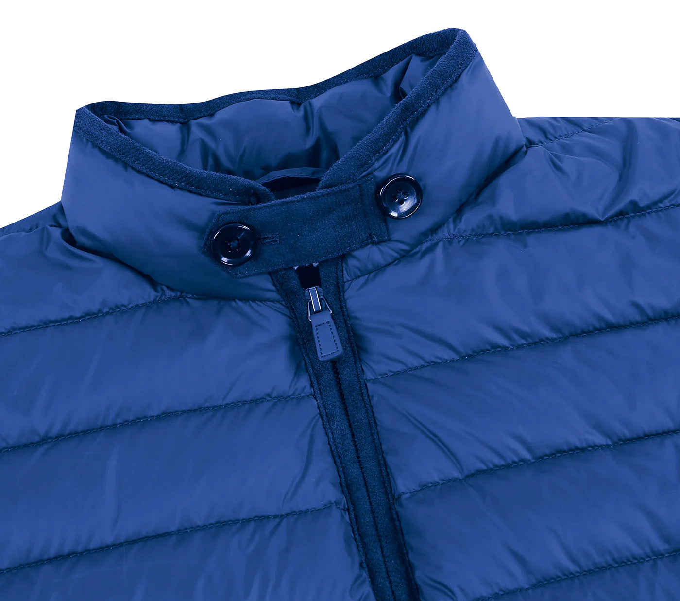 Detail shot: Renoir men's deep blue classic fit goose down vest, emphasizing superior craftsmanship.