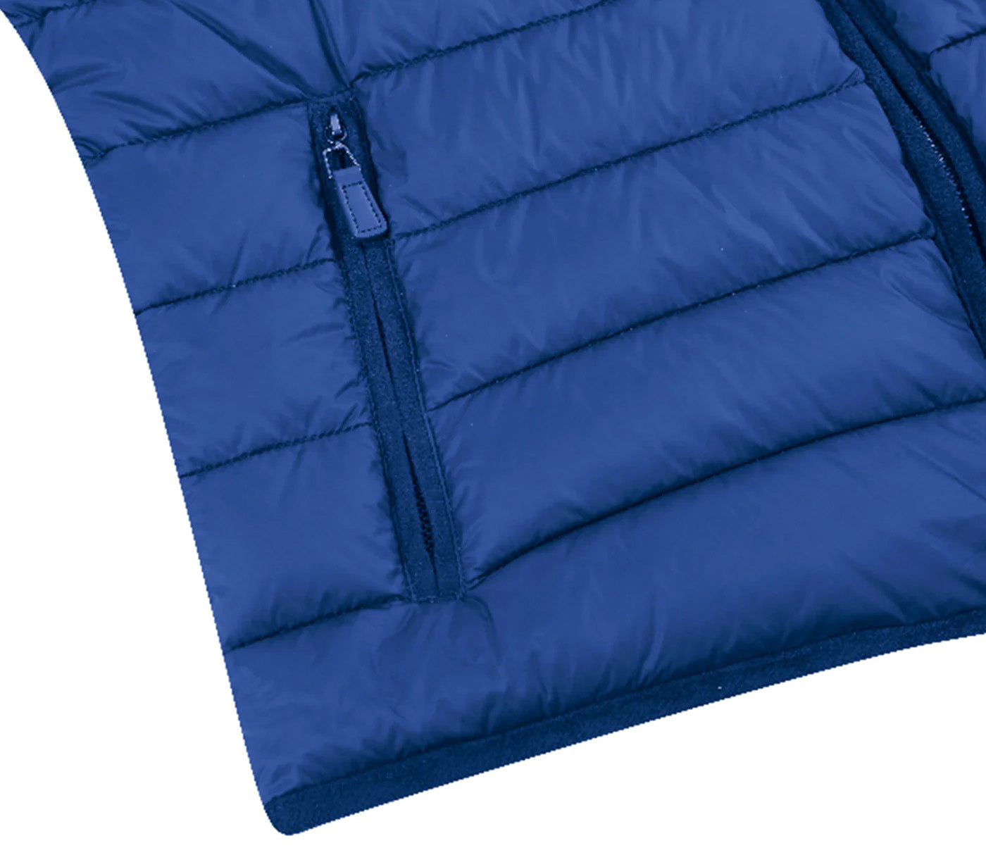 Detail shot of a Renoir men's deep blue regular classic fit goose down vest, showcasing luxurious quality.
