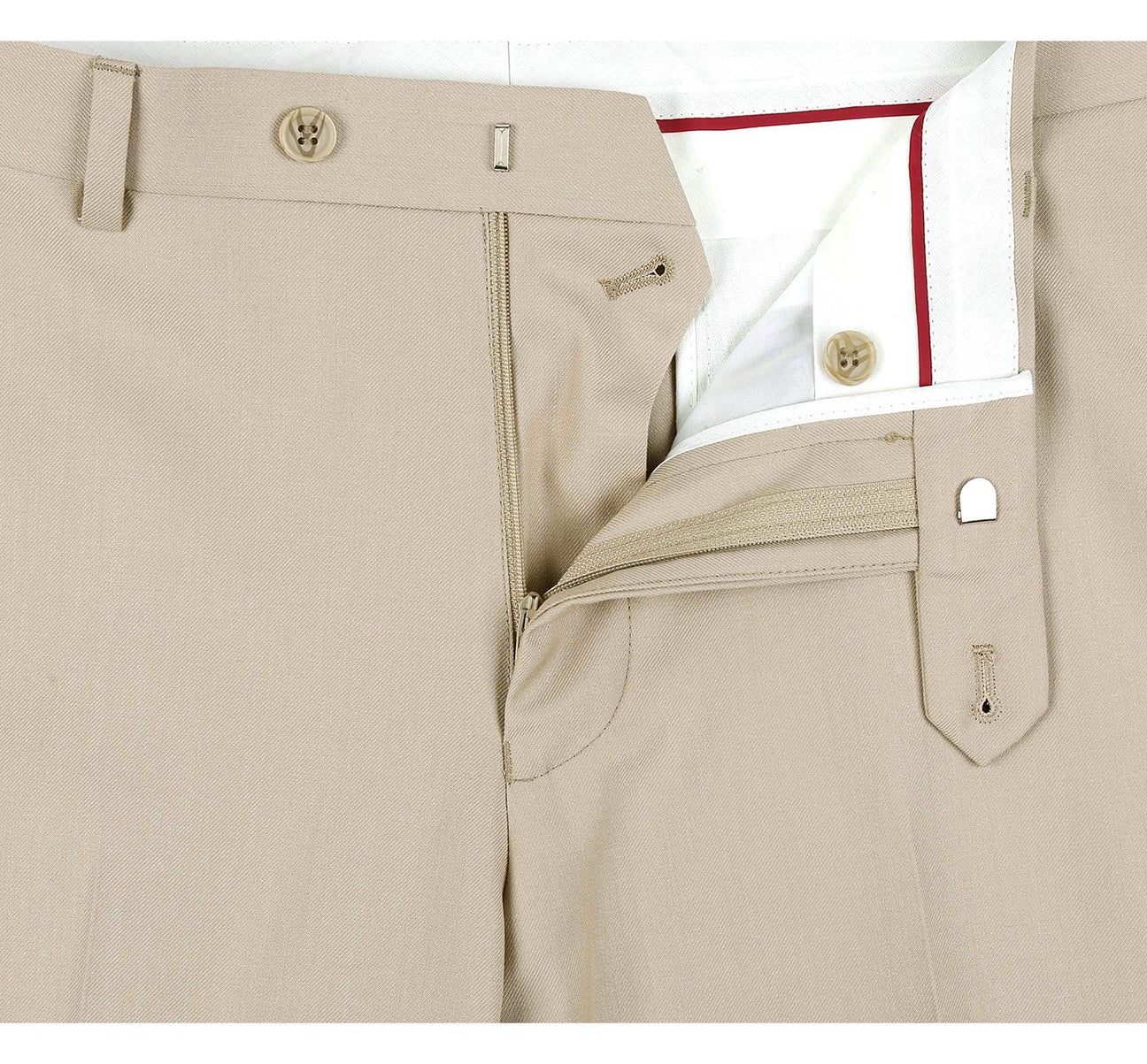 A pair of solid Renoir Dress Pants, regular leg, un-hemmed bottoms, in beige.