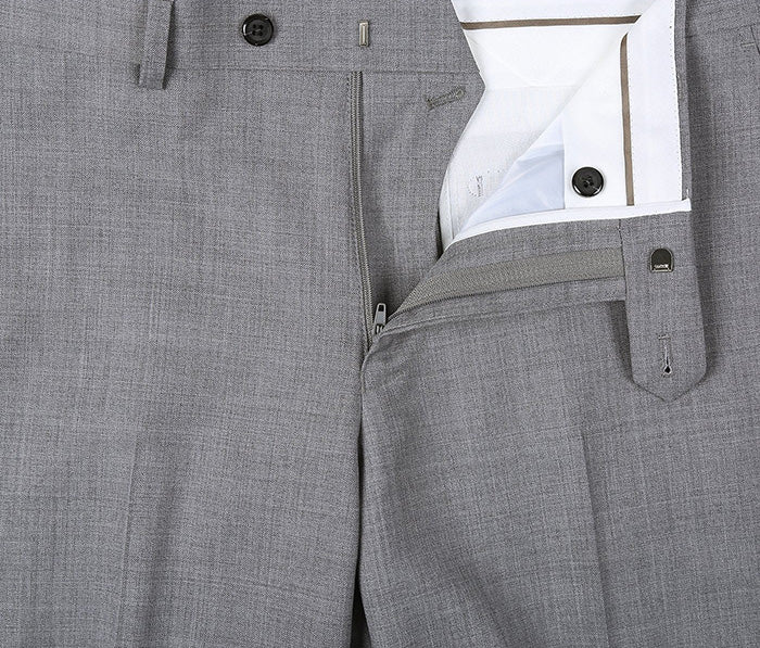 Detail shot of Renoir Bevagna light gray 100% virgin wool suit, showcasing pick-stitched lapel and luxurious texture.