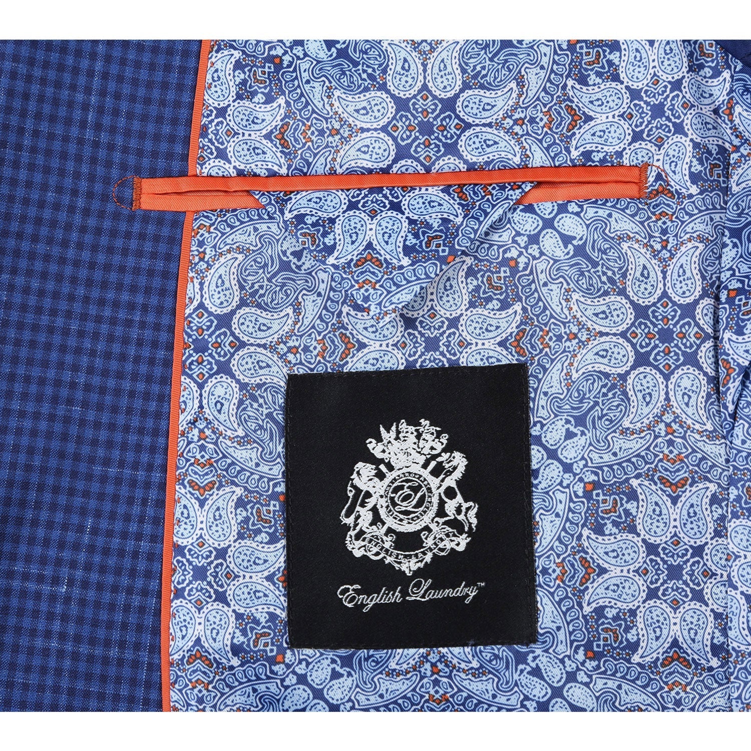 English Laundry 2-Piece Blue Mini-Check Wool Blend Slim Fit Dress Suit blazer with mini-check pattern and collar.