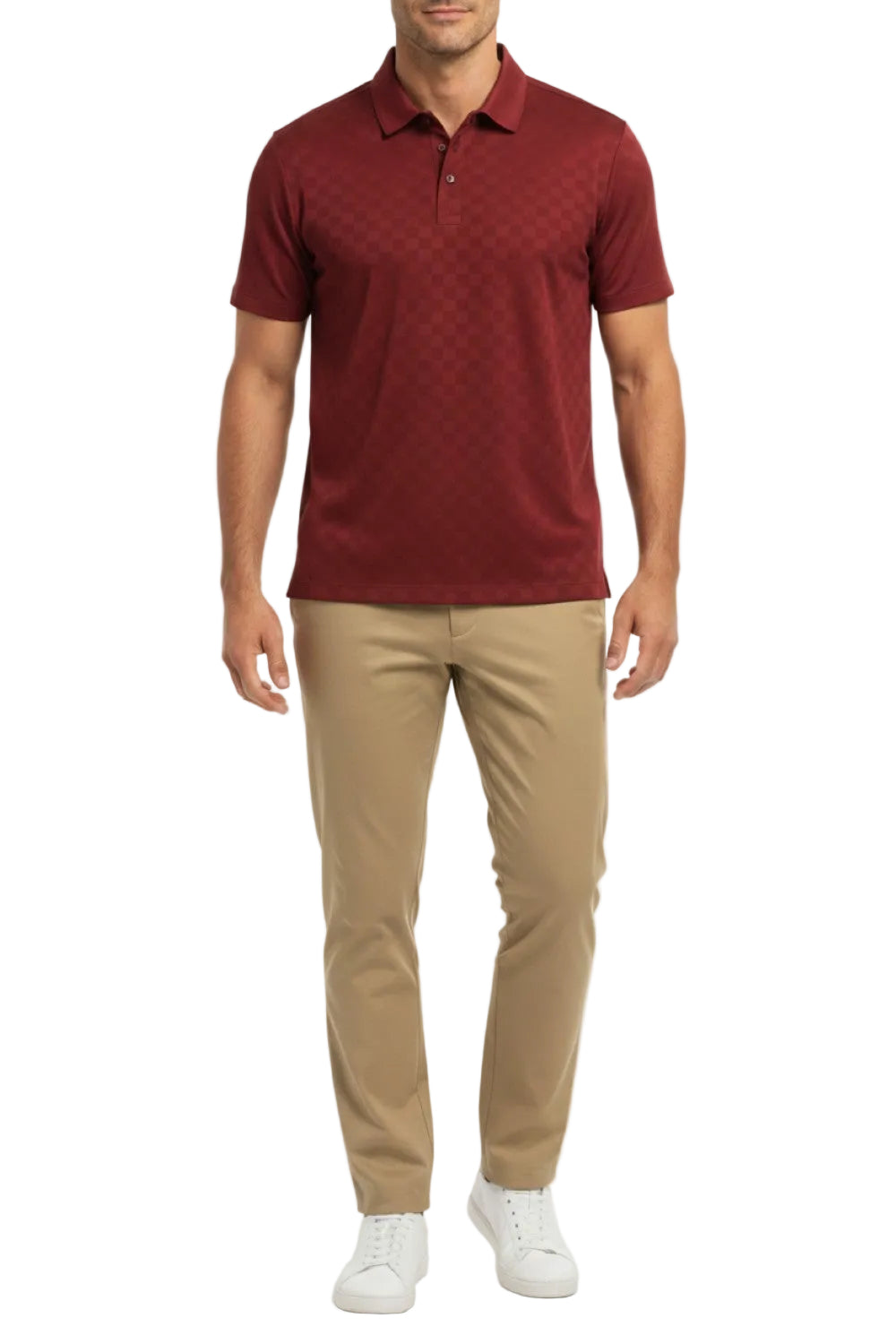Man wearing a red patterned polo shirt and beige pants on a white background