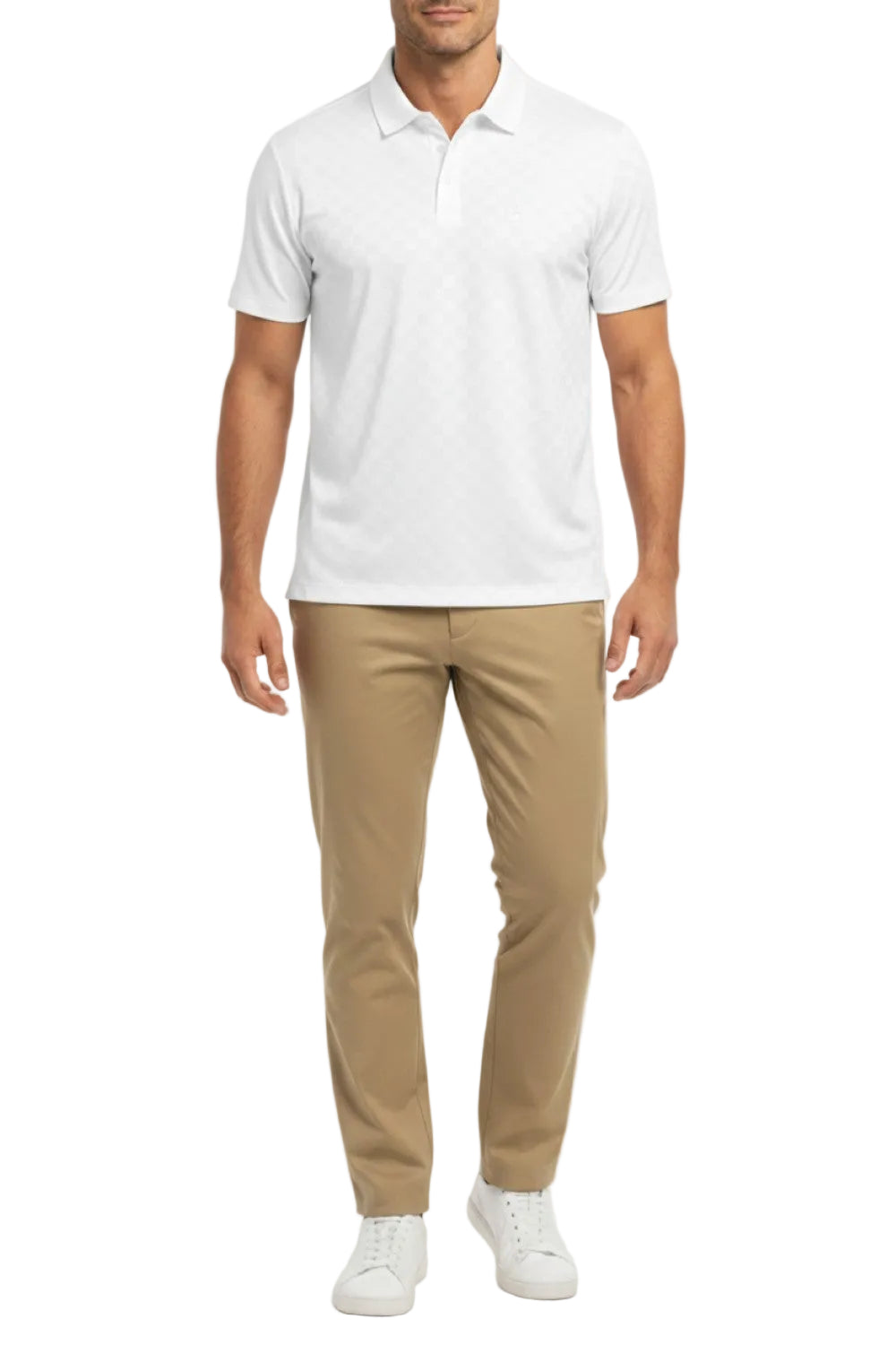 Man wearing a white polo shirt and beige pants on a white background