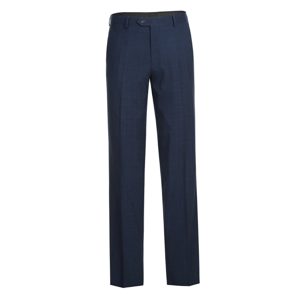 Close-up of Renoir Lozano Collection men's luxury regular fit blue check suit pants, highlighting exquisite fabric.