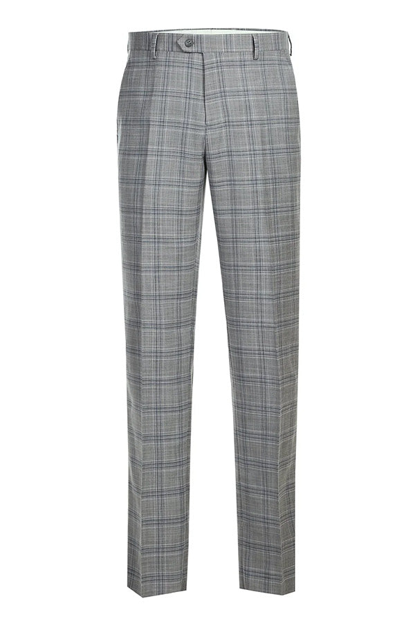 Lozano Collection men's 2 piece regular fit gray plaid suit trousers on white background.