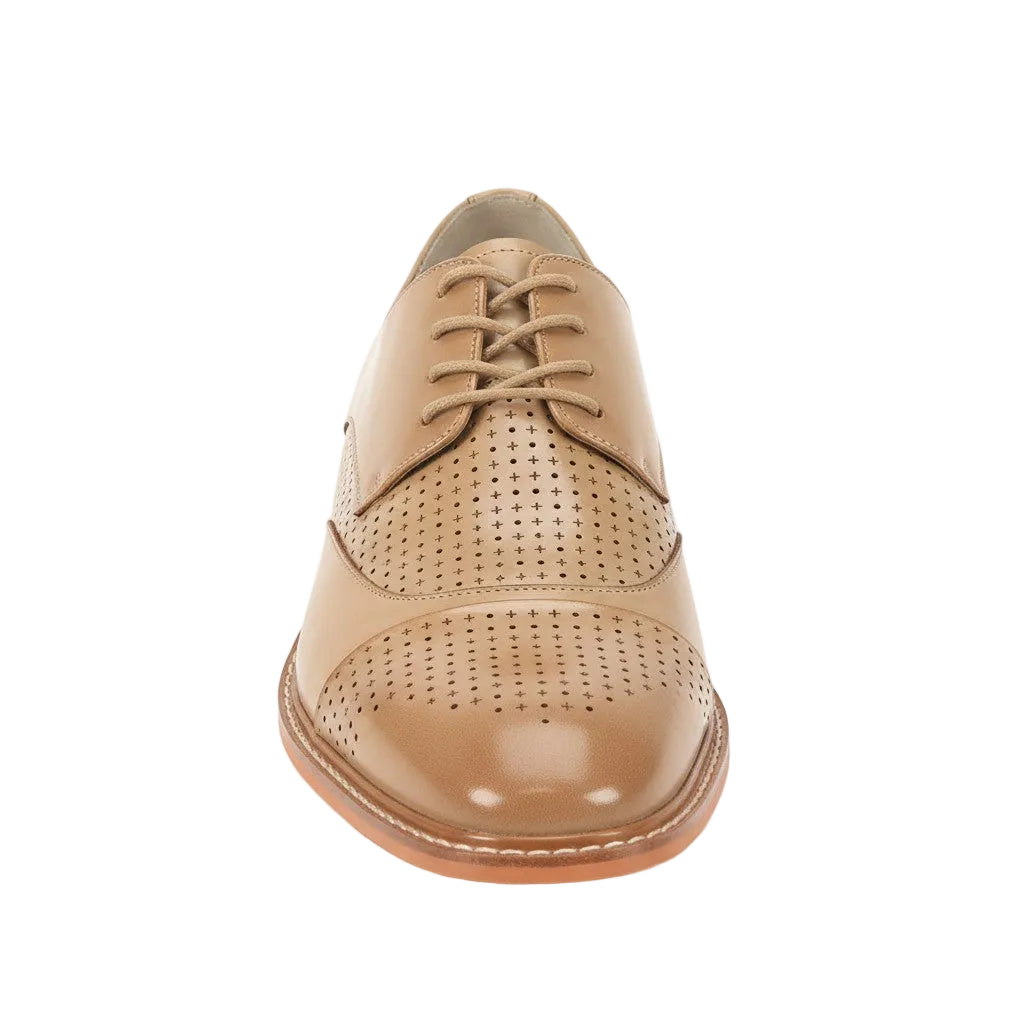 Tan leather shoe with brown sole on a white background