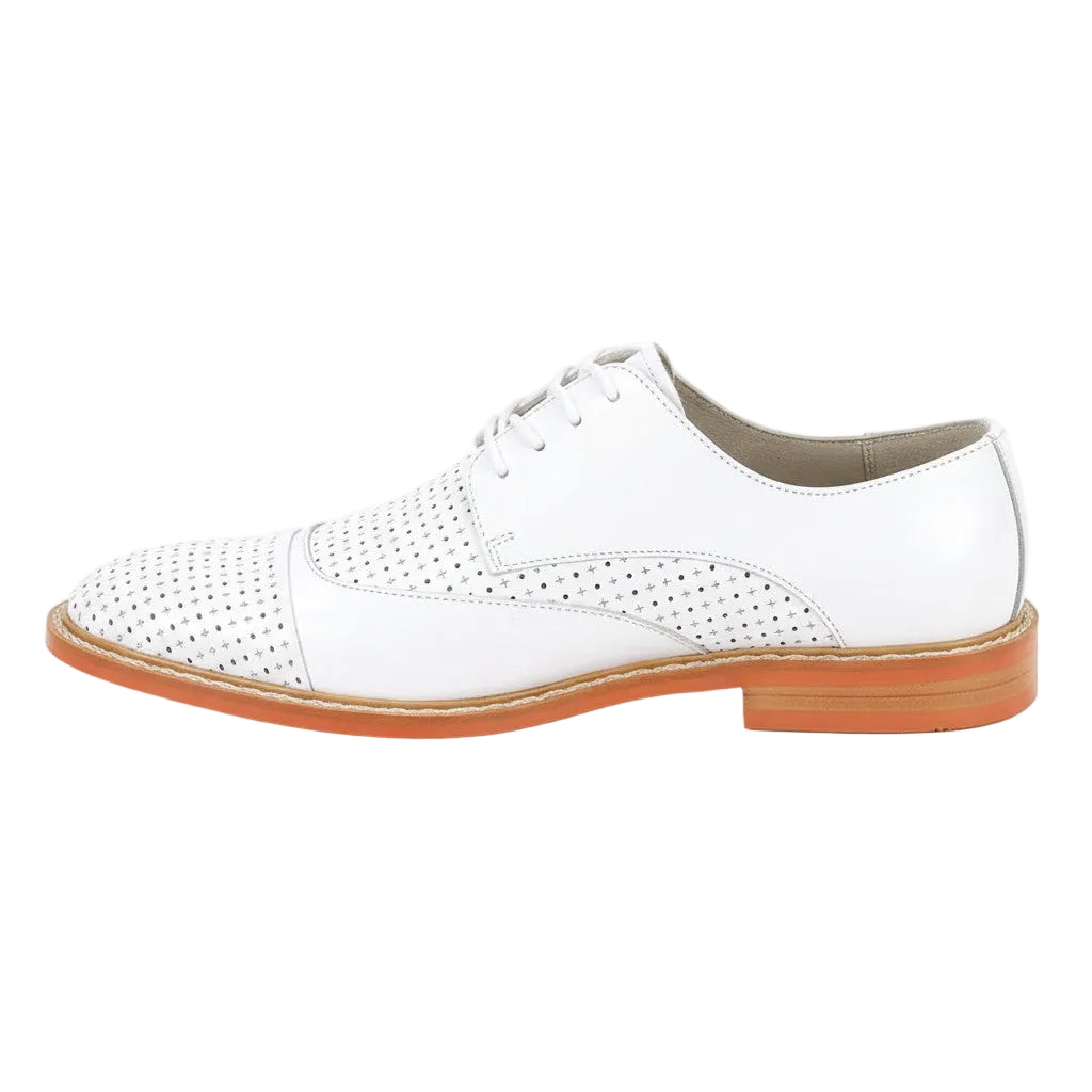 White leather shoe with brown sole on a white background