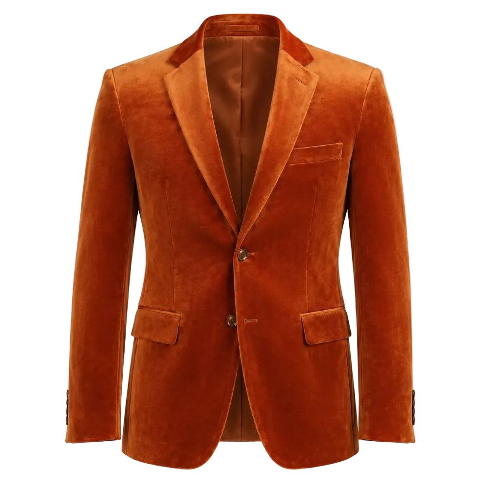 Vista frontal del blazer de terciopelo óxido para hombre de corte regular con solapas de muesca y cierre de dos botones