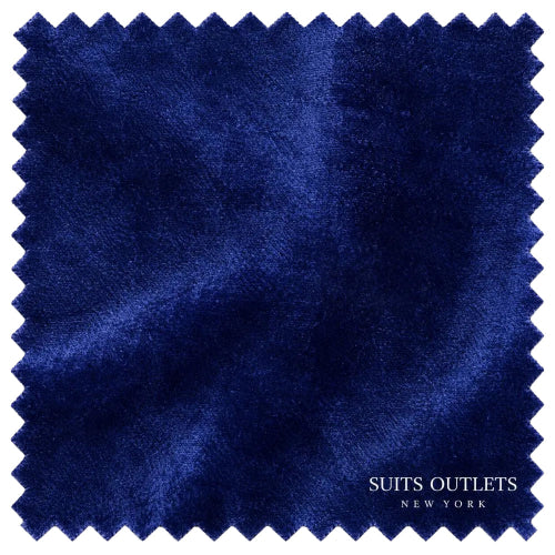 A square fabric swatch of deep navy blue velvet with serrated edges, featuring the text 'SUITS OUTLETS NEW YORK' in the bottom right corner.