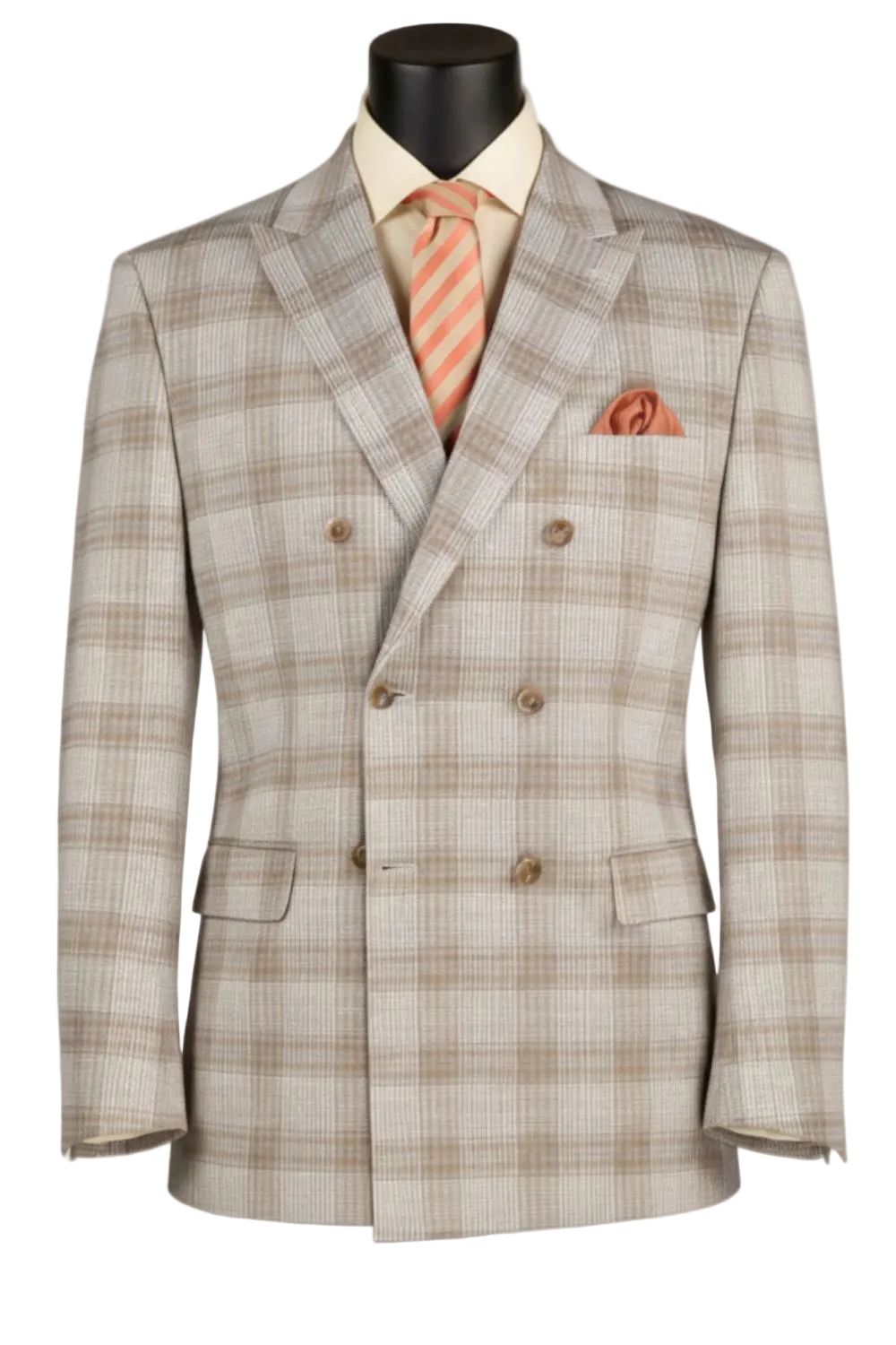 Tan Regular Fit Glen Plaid Double Breasted Blazer