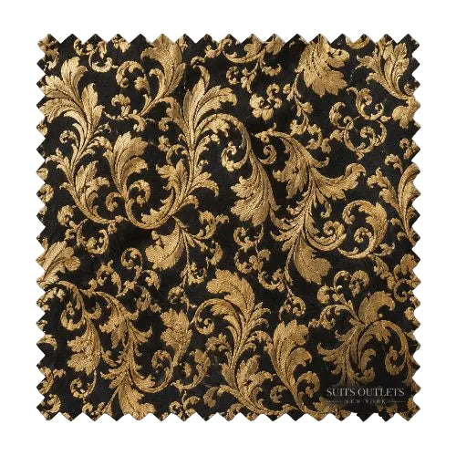 A square fabric swatch featuring an ornate black and gold damask pattern, displayed flat against a light gray background with a 'Suits Outlets' watermark in the lower right corner.