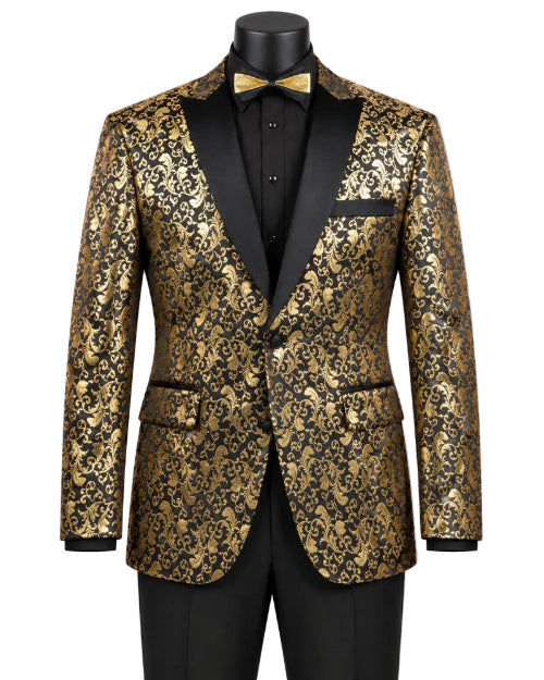 Gold Regular Fit Floral Pattern Jacket Peak Lapel