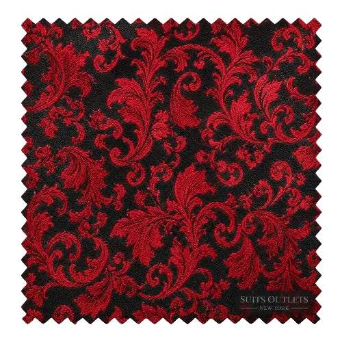 A square fabric swatch with a black background and a red damask pattern, featuring scalloped edges and a 'Suits Outlets New York' logo in the bottom right corner.