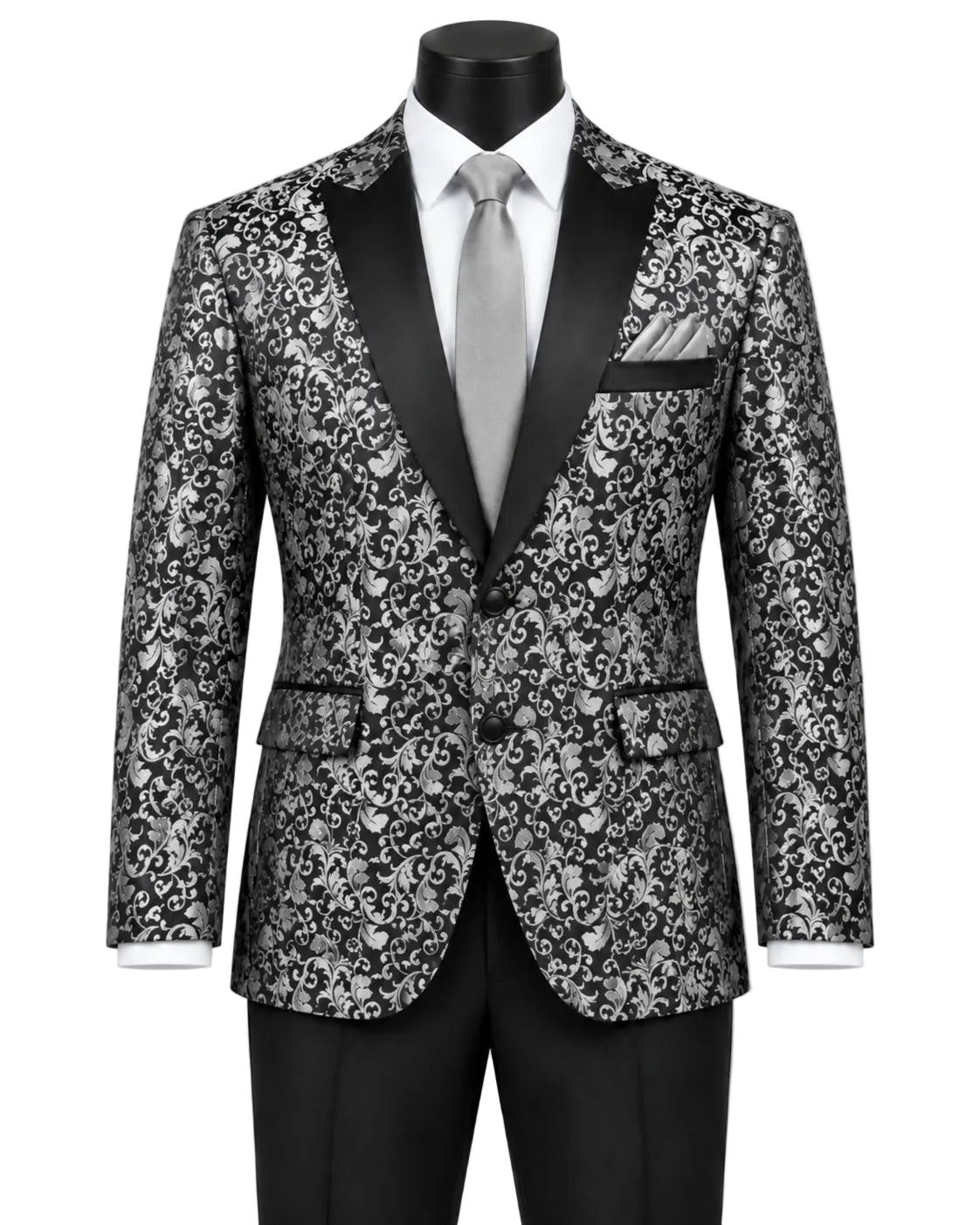 Silver Regular Fit Floral Pattern Jacket Peak Lapel