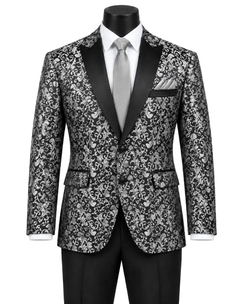 Silver Regular Fit Floral Pattern Jacket Peak Lapel