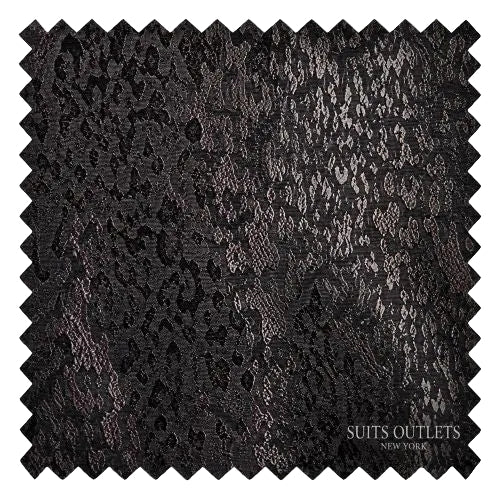 A square fabric swatch with serrated edges showing a dark black lace pattern with subtle metallic rose-gold or bronze highlights. The text 'SUITS OUTLETS NEW YORK' is printed in the bottom right corner.